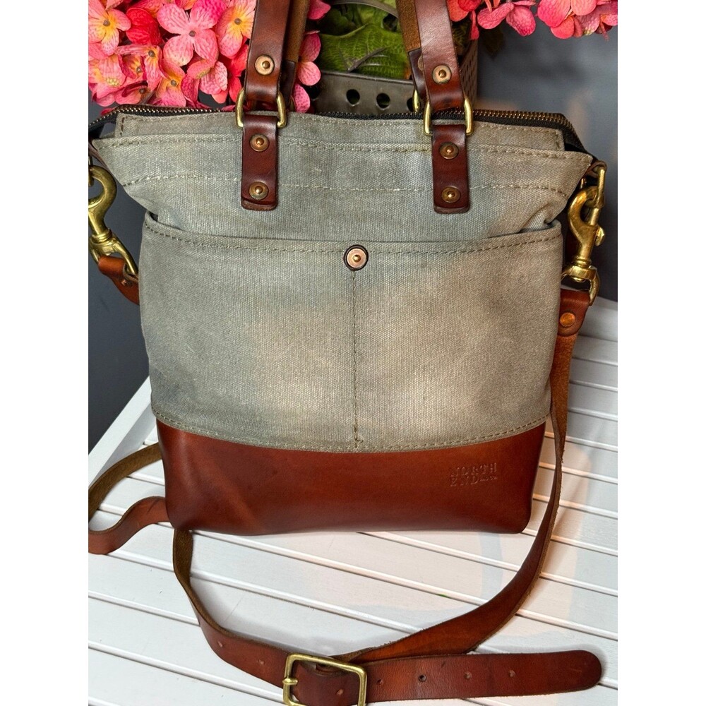 NORTH END Bag Co Gray Canvas Brown Leather Large Crossbody Shoulder Bag Vtg Boho